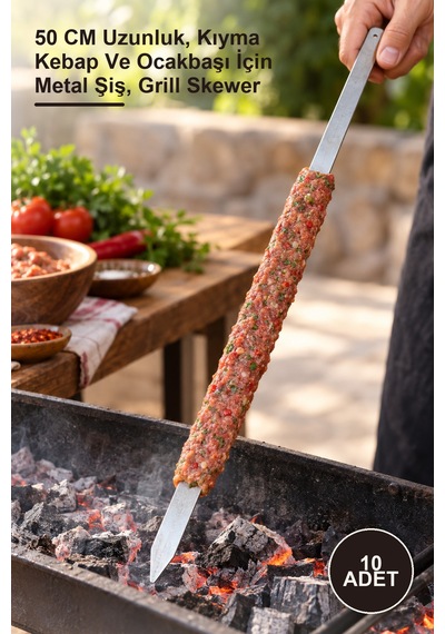 10 Adet Geniş Yassı Metal Adana Kebap Şişi 50 Cm Uzunluk, Kıyma Kebap Ve Ocakbaşı İçin Metal Şiş, Grill Skewer