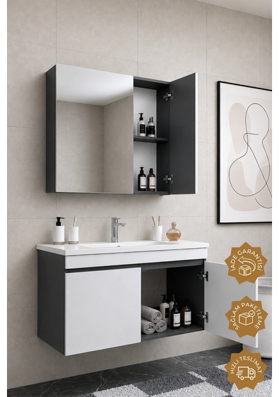 Teta Home Tokyo 100 Cm Mdf Banyo Dolabı Seti Antrasit - Beyaz Teta Home Tokyo 100 Cm Mdf Banyo Dolabı Seti Antrasit - Beyaz