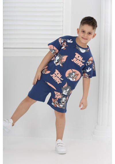 Veramoni Unisex Tom&jery Baskılı Kısa Kollu Şortlu İkili Takım Lacivert