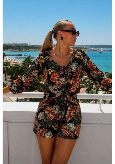 DefyModa Kadın Trend Model V Yaka Kuşaklı Balon Kollu Spor Alt-üst Takım Turuncu
