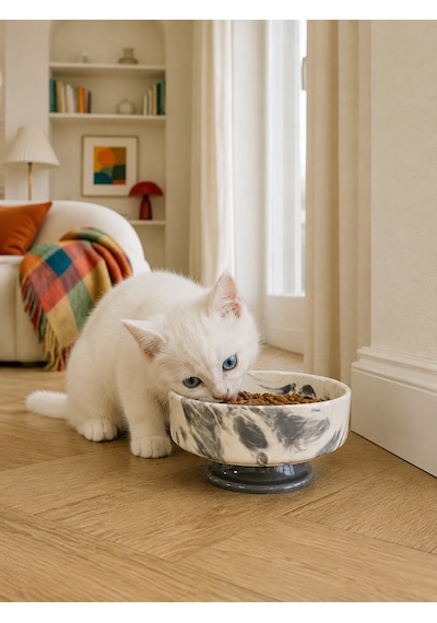 Mama Kabı Kedi Ve Köpek 1 Adet Doğal Mama Veya Su Kabı Gri Marble