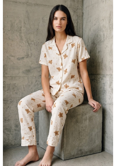 V Yaka Düğmeli Casual Kırık Beyaz Pijama Takımı