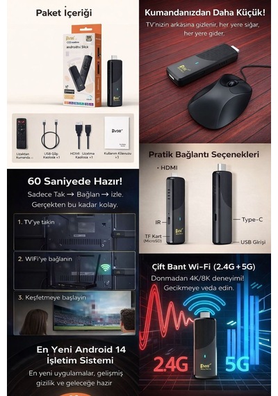 Tv98 Atv Android Tv Stick 2gb Ram 16gb Rom 4k Wifi 5g Bt5.0 Akıllı Tv Çubuğu