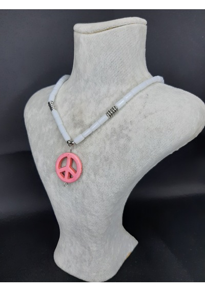 Mryart Doğal Taş Boncuklu Pembe Barış Sembollü Kolye Unisex Bohem Tarz Aksesuar 001 - Beyaz