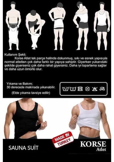 Sauna Suit Premium Erkek Korse Toparlayıcı Bel Göğüs Göbek 2 Beden Incelten Siyah