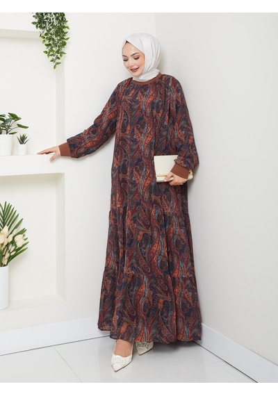 Hb Harma Time Butik Kadın Astarlı Kahverengi Şifon Şal Desen Elbise