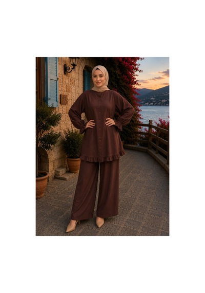 Hira Life Fashion Kadın Çilek Kumaş Dik Yaka Düğmeli Fırfır Detaylı Tesettür Tunik Pantolon İkili Takım Kahverengi Kahverengi Hira Life Fashion Kadın Çilek Kumaş Dik Yaka Düğmeli Fırfır Detaylı Tesettür Tunik Pantolon İkili Takım Kahverengi Kahverengi