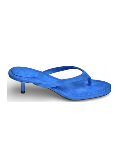 Fox Shoes Y518342802 Saks Mavi Süet Parmak Arası Kısa Topuklu Kadın Terlik Saks Mavi
