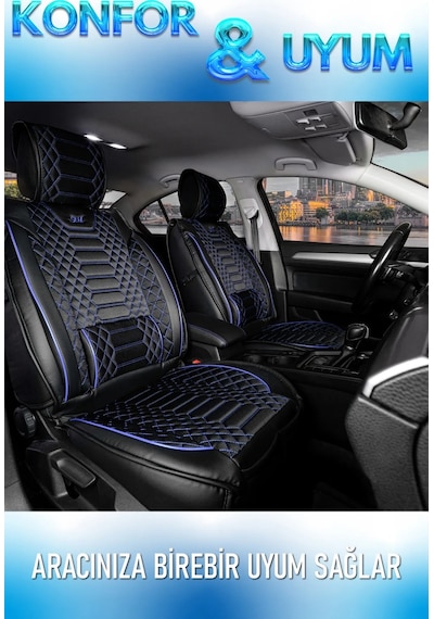 Hyundai Matrix Uyumlu Lüks Deri Oto Koltuk Kılıfı Ön Arka Takım Set Siyah Mavi Royal Model Fs