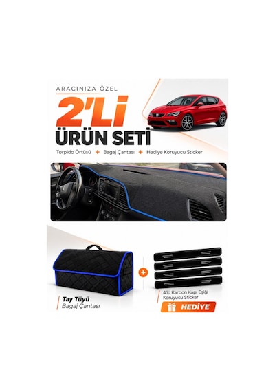 E-biz Seat Leon 2013-2020 Uyumlu Torpido Örtüsü + Tay Tüyü Bagaj Çantası Seti - Siyah-mavi - Se006