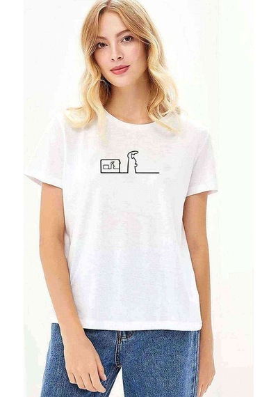 Meraklı Pen Home Baskılı Beyaz Kadın Tshirt