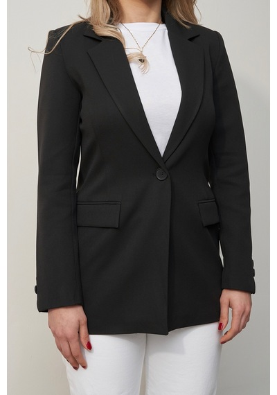 Rabia Çelik Kadın Siyah Tek Düğmeli Kol Detaylı Marka Model Blazer Ceket Siyah Siyah
