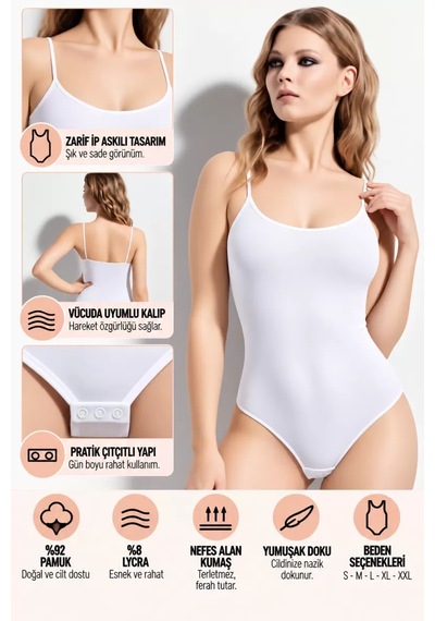 N11 Kadın İp Askılı Çıtçıtlı Body Beyaz Esnek Ve Yumuşak Kumaş, Vücuda Uyumlu - Ryl - 2600