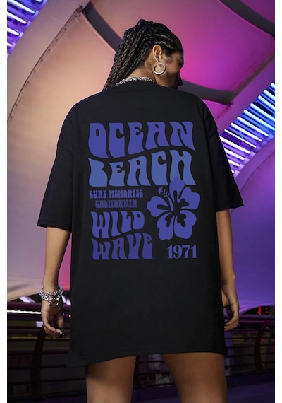 Pamuklu Ocean Baskılı Oversize T-shirt Siyah
