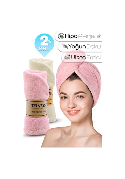 2li Set Mikrofiber Saç Havlusu Plaj Deniz Havuz Bonesi Banyo Saç Kurutma Baş Havlusu Krem-pembe Krem