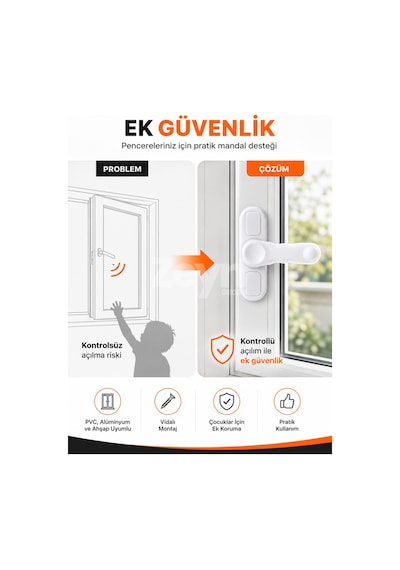 Pvc Pimapen Kapı Pencere Emniyet Kilidi Beyaz Çocuk Güvenlik Mandalı 1 Adet + 2 Vida