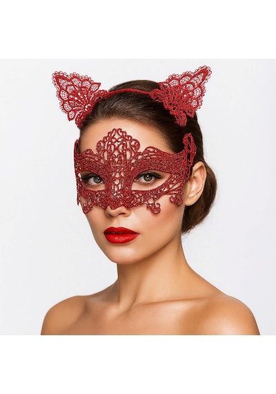 Romantik Kırmızı Dantel Maske Seti Kedi Kulaklı Taç Ve Mask N712