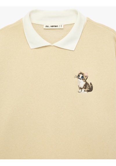 Koton Rahat Kalıp Kedi Nakışlı Uzun Kollu Polo Yaka Sweatshirt Bej 6sal10426ık Ekru