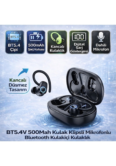 Polham Bt5.4 Kancalı Mikrofonlu Bluetooth Kulaklık 500mah Şarj Kutulu Dijital Göstergeli Spor Kulaklık