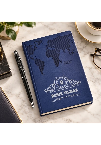Bk Gift Kişiye Özel 378 Termo Deri Tarihli Ajanda & Siyah Touch Pen Tükenmez Kalem-14 Lacivert