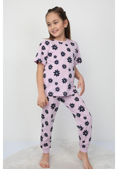 Zuzunga Mor Papatya Desenli T-shirt-şort Kız Çocuk Pijama Takımı Lila