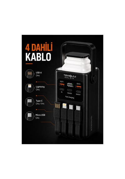 30.000 Mah Powerbank 22.5w Hızlı Şarj Lcd Ekran 4 Çıkış 4 Kablo Kamp Işıklı Taşınabilir Batarya Siyah
