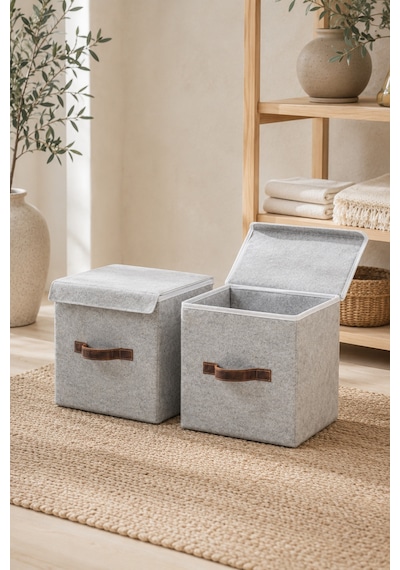 2'li Gri Keçe Kapaklı Küp Kutu Seti 25 X 25 X 25 Cm Deri Kulplu, Katlanabilir, Düzenleyici Kutu