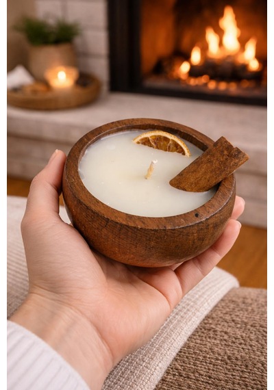 Tarçın Ve Portakal Aromalı Kokulu Otantik Kase Mum Soya Mum Hediyelik Açık Ahşap