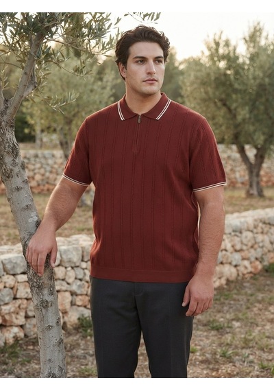 Maccali Erkek Bordo Çizgili Büyük Beden Triko Polo Yaka Tişört