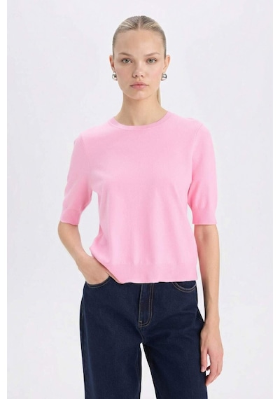 DeFacto Regular Fit Bisiklet Yaka Basic Düz Kısa Kollu Triko Kazak D6272AX25SMPN82 Pembe