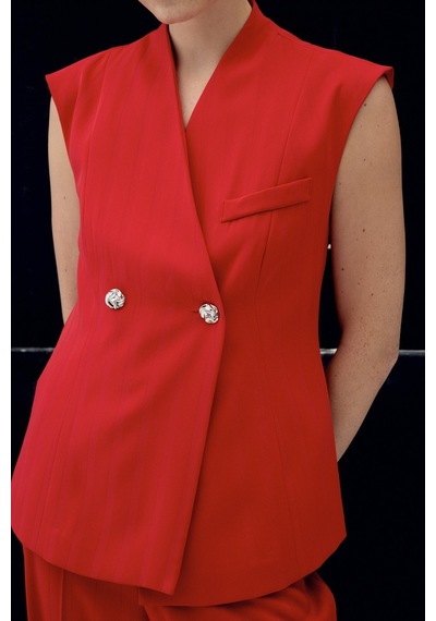 Sateen Anna Çizgili Yelek - Kırmızı-137104 Kırmızı