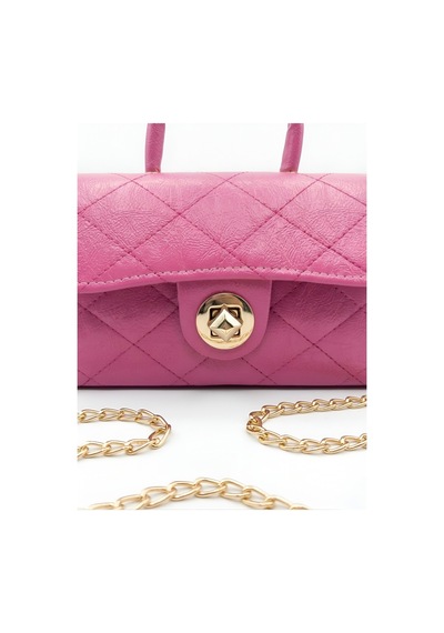Satuna Parlak Kapitone Mini Çanta Astar Detaylı Zincir Askılı Kadın El Ve Omuz Çantası 19x12 Cm Koyu Pembe