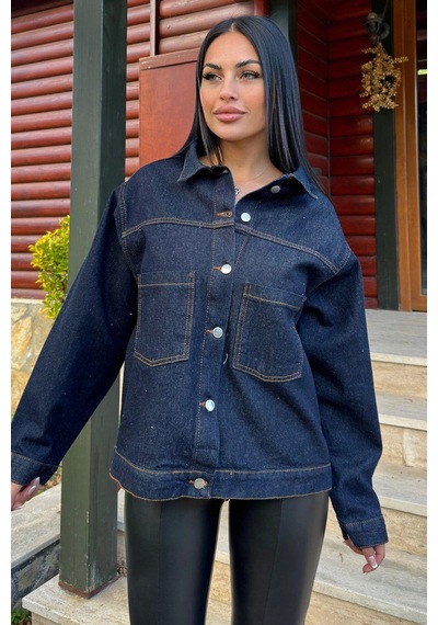 Lacivert Denim Color, Apaş Yaka, Çift Cepli, Kaliteli Jeans Kumaş, Salaş Kot Ceket Lacivert