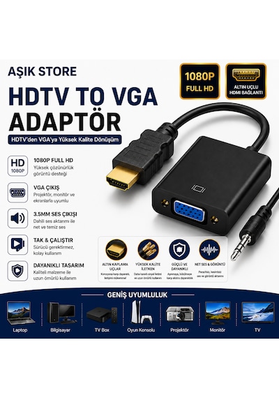 Hdmı To Vga Adaptör 1080p Full Hd Altın Uçlu 3.5mm Ses Çıkışlı Hdmı Erkek Vga Dişi Dönüştürücü Laptop Monitör Projeksiyon Tv Bilgisayar