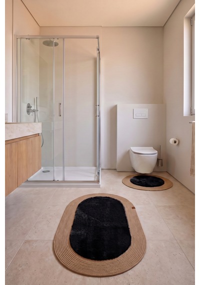 Banyo Paspası Takımı 60x100+60x60 Cm Düz Siyah & Camel