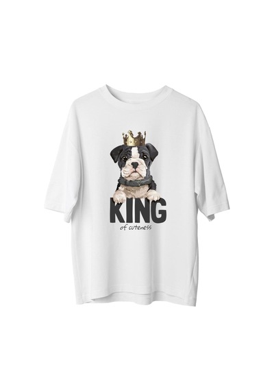 Paybuy Kadın Oversize Grafik Baskılı Tişört Sevimli Köpek Tacı Taşıyan E Beyaz