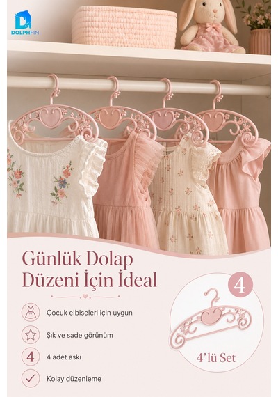 Prenses Elbise Askısı 4 Lü Plastik Bebek Çocuk Kıyafet Askısı Dolap İçi Düzenleyici 30x16 Cm Pembe