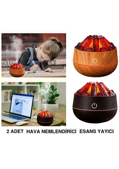 2 Adet Şömine Tasarımlı Usb Lı Led Aydınlatmalı Hava Nemlendirici,aromaterapik Hava Difüzörü,buhurdanlık,,sis Spreyli Gece Lambası, 300 Ml 10x10x10,3cm Kahverengi