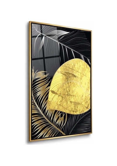 Altın Yapraklar Ve Altın Daire Gold Çerçeveli Cam Tablo