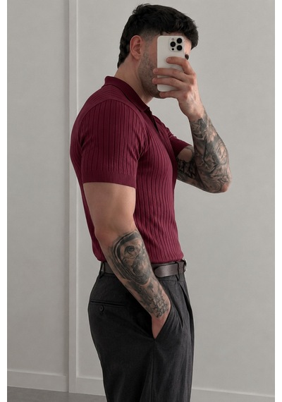 Tarz Cool Premium Fitilli Triko Polo Yaka Erkek Old Money T-shirt Bordo