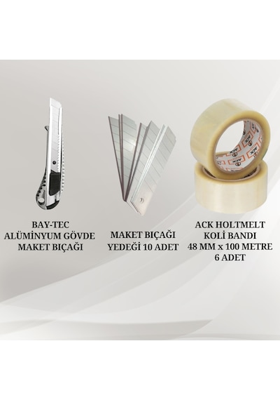 Alümniyum Metal Maket Bıçağı + 10 Adet Yedek ve Ack Holtmelt Koli Bandı 6 Adet Seti
