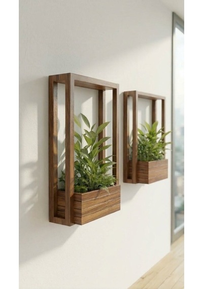 Delmesiz Montaj Masif Ahşap Duvar Saksılığı - Çift Taraflı Bantlı Dekoratif Çiçeklik 40x100 Cm Bordo