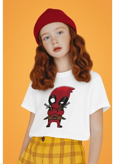 Sevbano Deadpool Baskılı Unisex Çizgi Film Çocuk Tişört 1-12 Yaş Beyaz