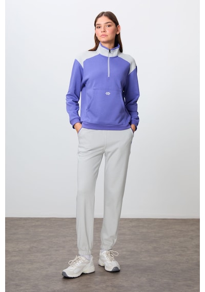 Tommy Life Eflatun-taş Kompakt Pamuklu Kalın Pürüzsüz Dokulu Dik Yaka Oversize Fit Kadın Eşofman Takım - 95342 Mor