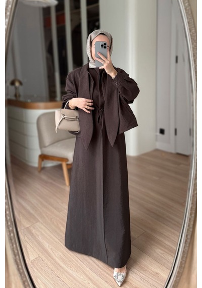 Ka Hijab Ceketli Elbise Takım - Kahverengi