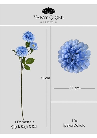 Mavi Yapay Dahlia Yıldız Çiçeği 3 Dallı Lüx İpeksi Dokulu 75 Cm