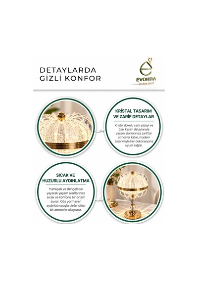 Evonıta Kristal Led Masa Lambası Gold Dekoratif Işıltılı Abajur Modern Salon Ve Komodin Lambası