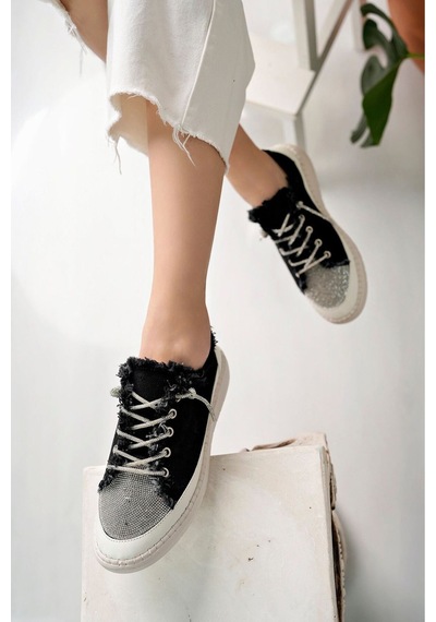 Craft Moda Neva Taşlı Düz Taban Kadın Kot Sneakers Siyah