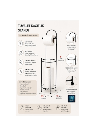 Premium Lüks Siyah Metal Tuvalet Kağıtlık Standı Yedek Rulo Bölmeli 61 Cm