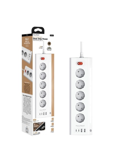 Akım Korumalı Priz, 5'li Priz Soketi, 5x Fiş Soketi, 2x Usb Girişi, 2x Type-c Girişi, Işıklı Gövde, Isıya Daya 0